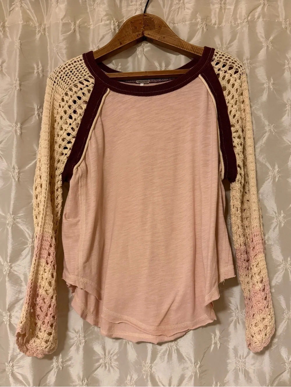 Free People Finders Keepers Rose Pink Cream Crochet Raglan Sleeve Boho Top S